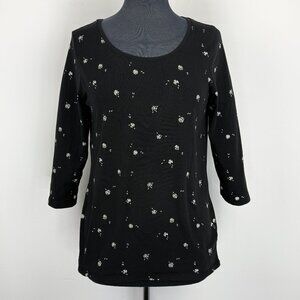 Reitmans Women’s Scoop Neck Top L Black White Floral 3/4 Sleeve Jersey Stretch